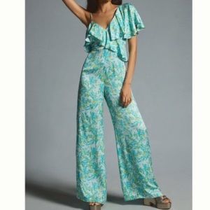SPRING BREAKAnthropologie Corey Lynn &Calter Silky Ruffle wide leg jumpsuit NWOT